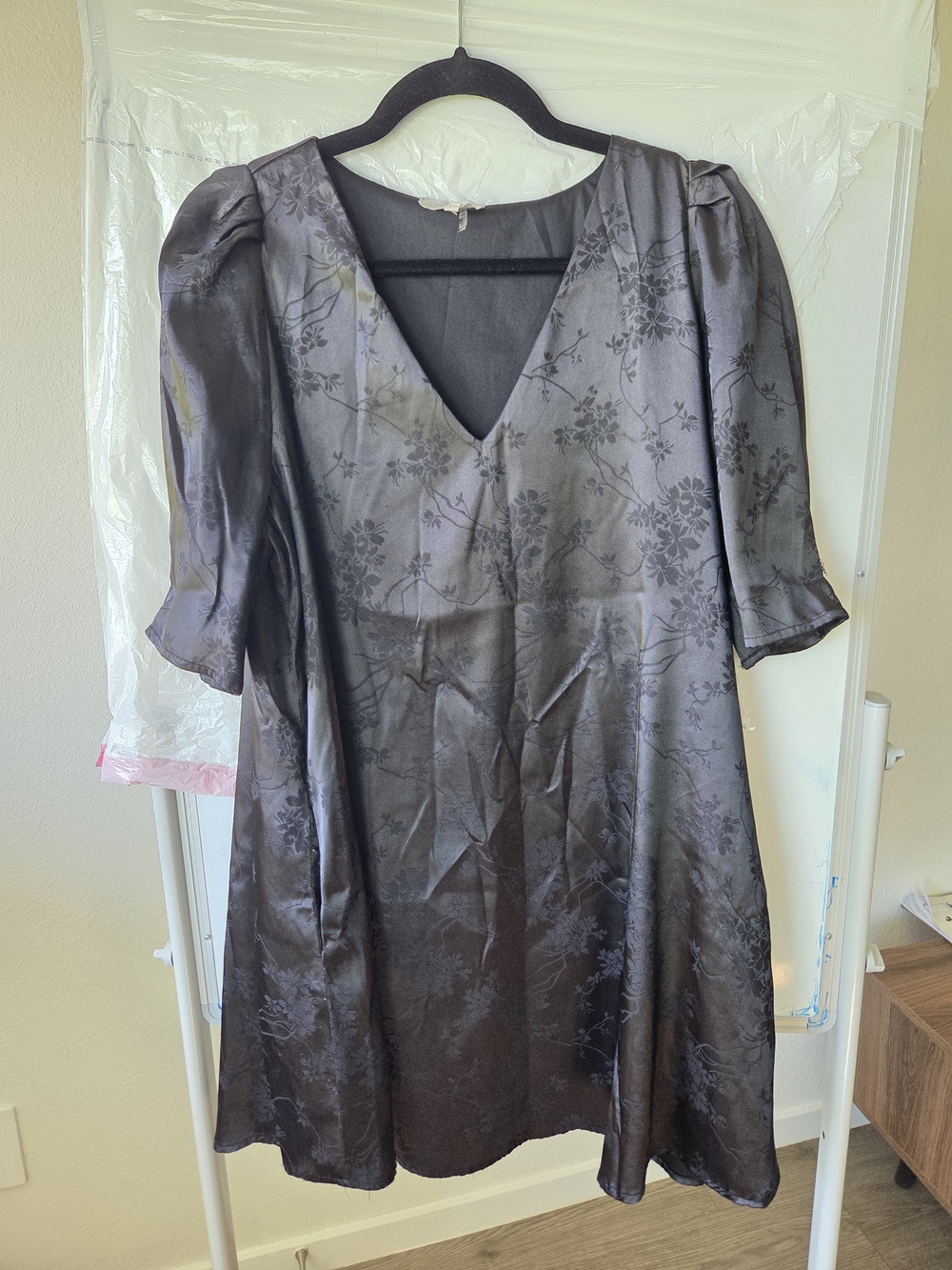 V-Neck Satin Floral Swing Dress in Black